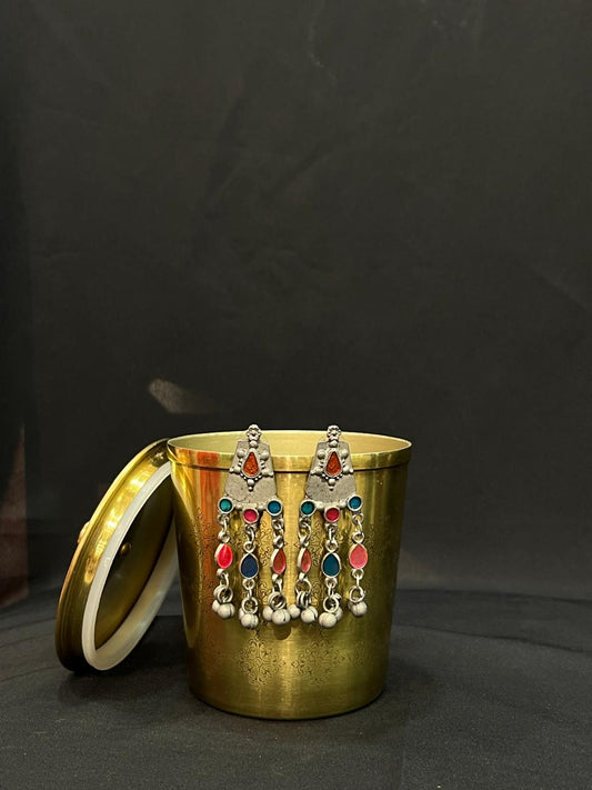 Oxidised Earring with Multicolour Stones