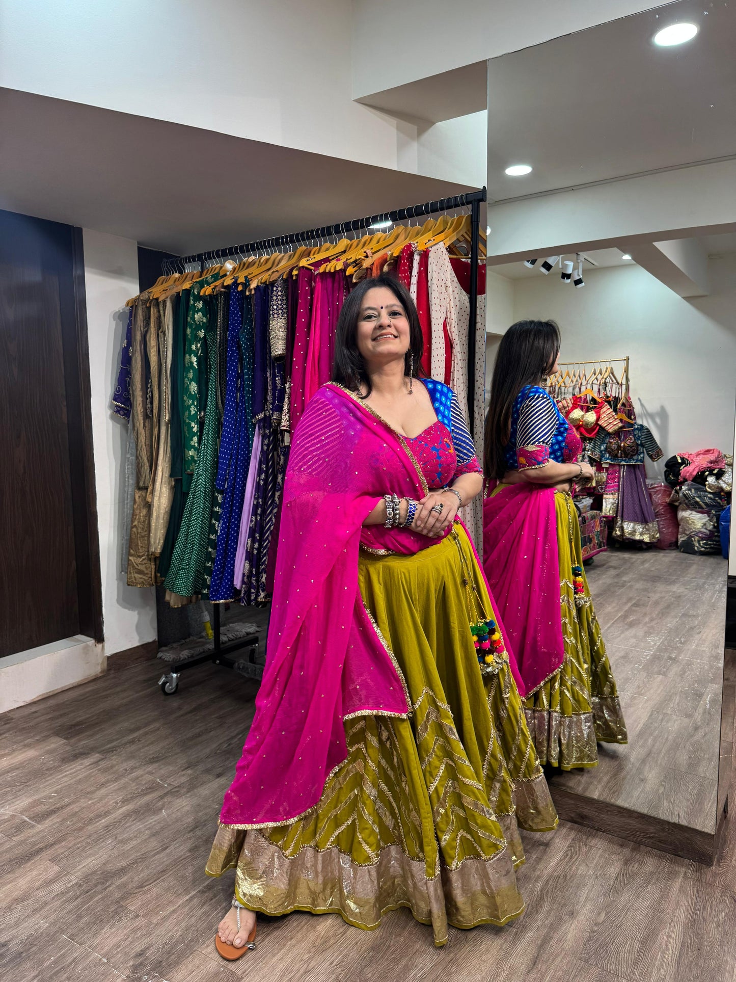 Mustard Green Cotton Lehenga Set