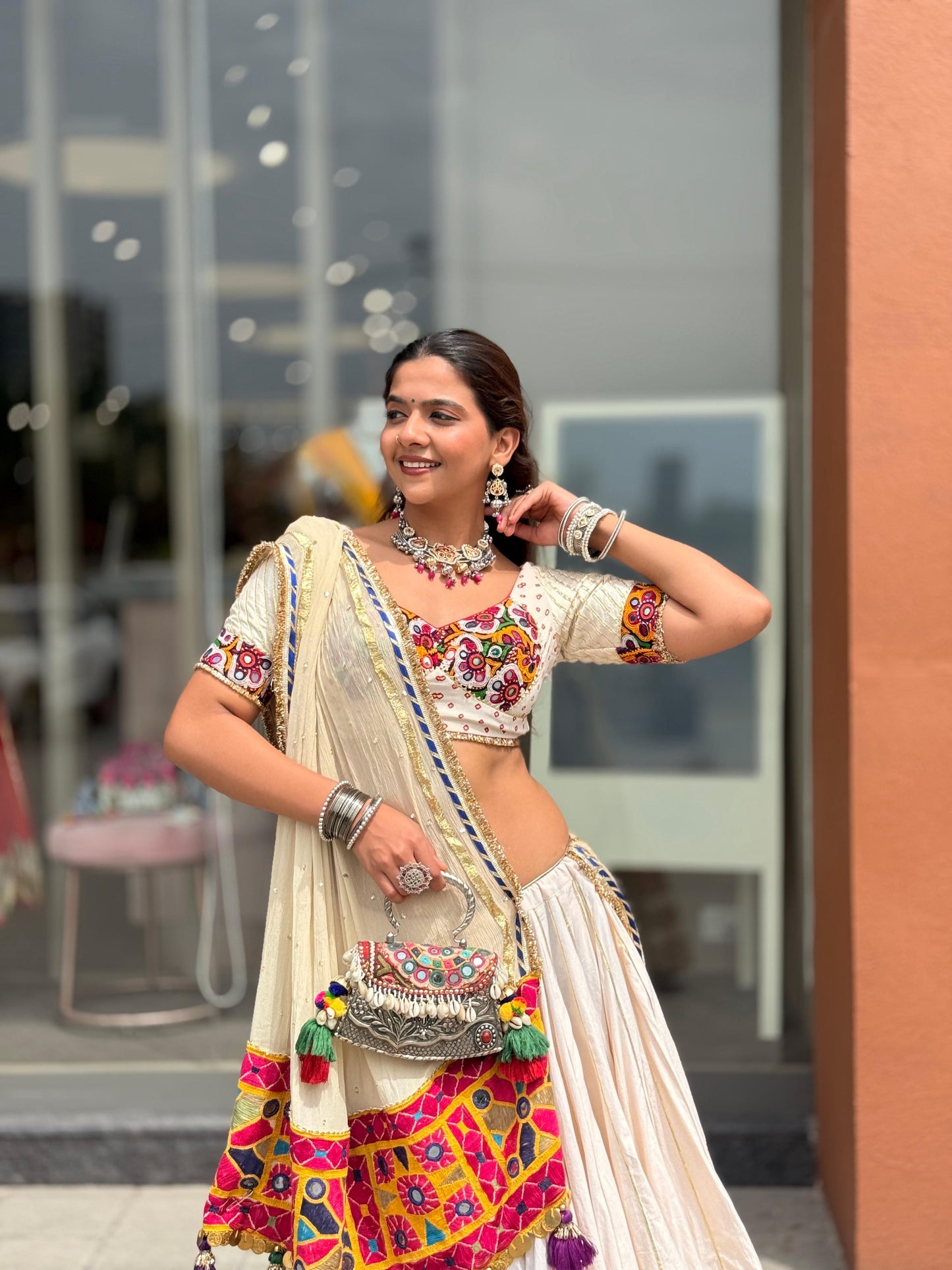 White Leheriya Lehenga Set