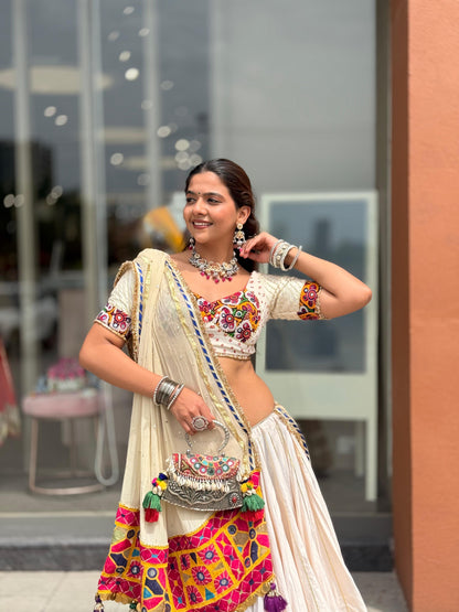 White Leheriya Lehenga Set