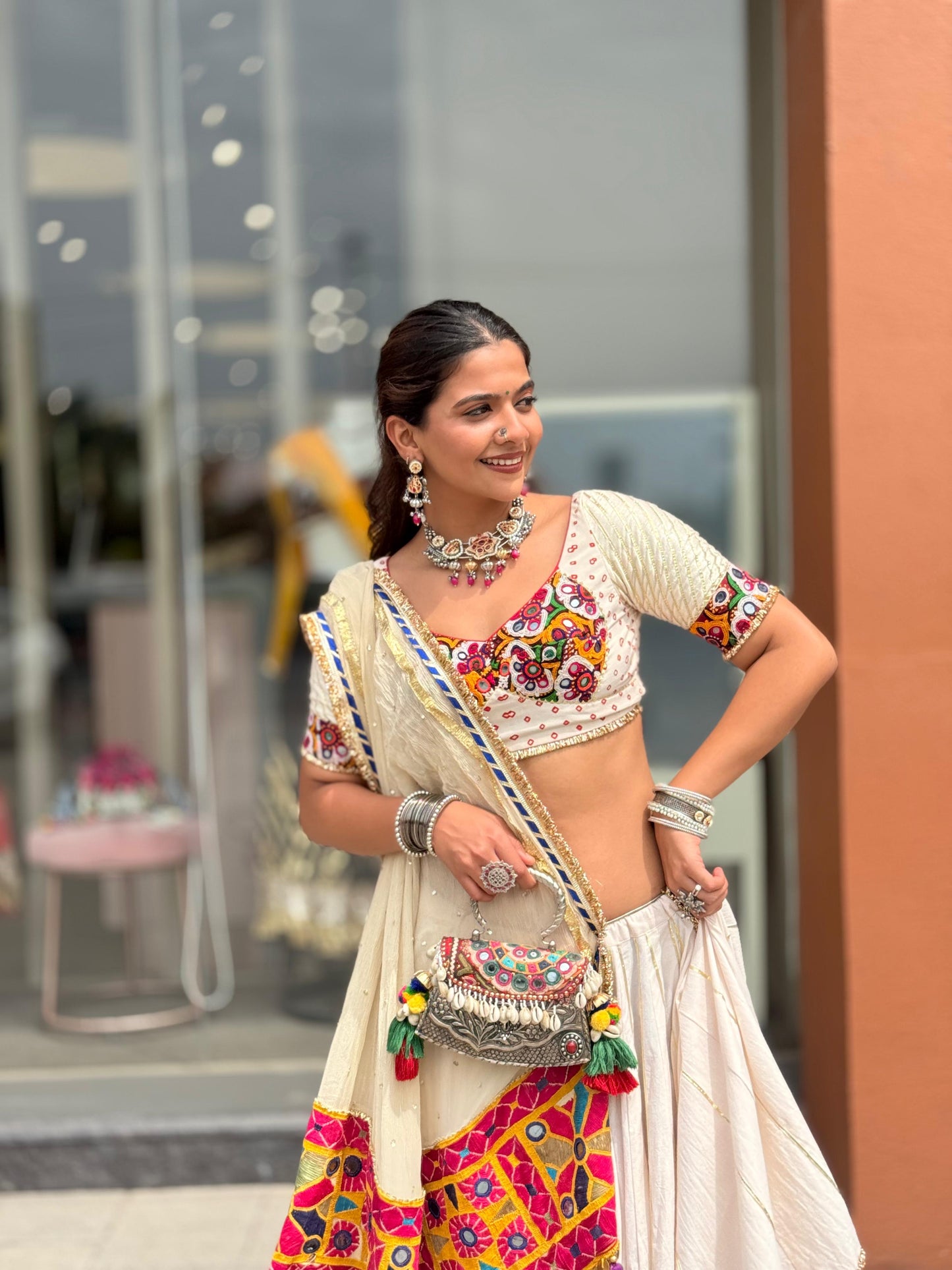 White Leheriya Lehenga Set
