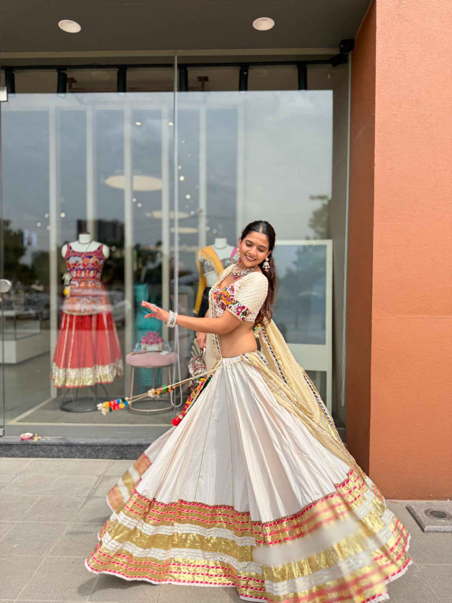 White Leheriya Lehenga Set
