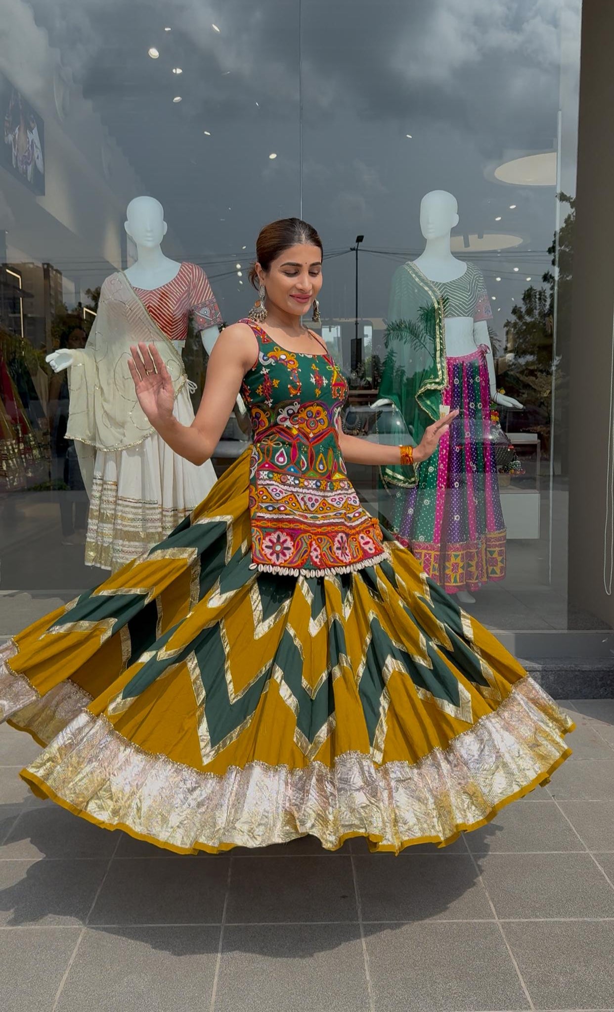 Mustard Green Cotton Lehenga Set