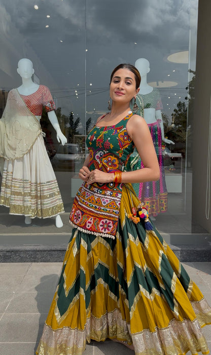 Mustard Green Cotton Lehenga Set