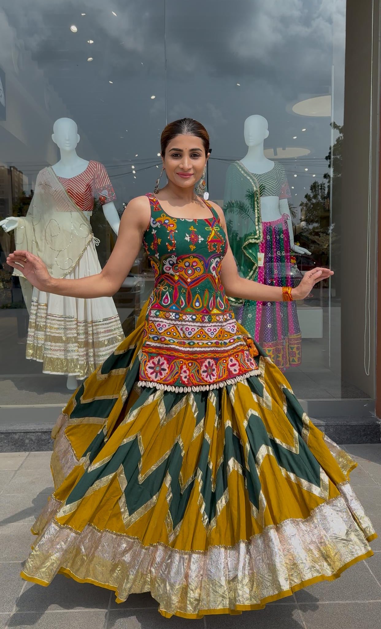 Mustard Green Cotton Lehenga Set