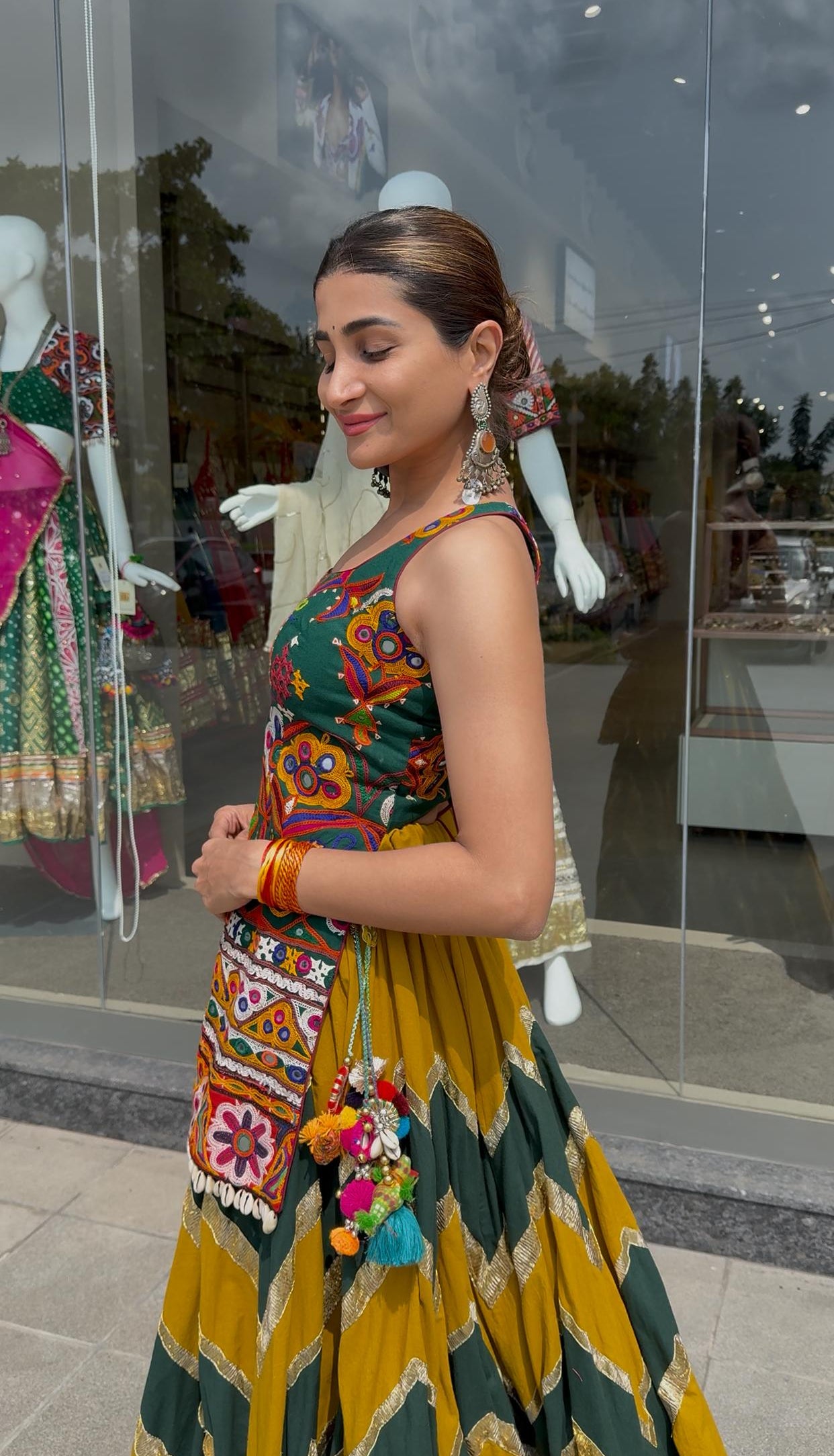Mustard Green Cotton Lehenga Set