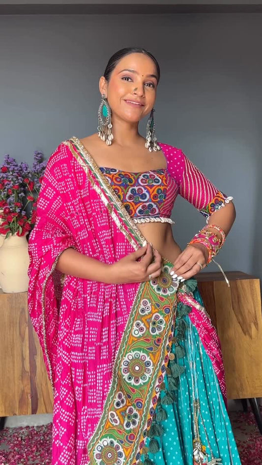 Firozi Bandhani Lehenga Set
