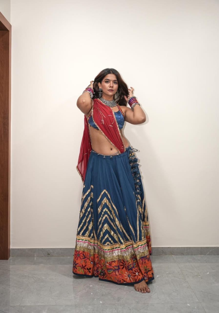 Teal Patch Cotton Lehenga Set