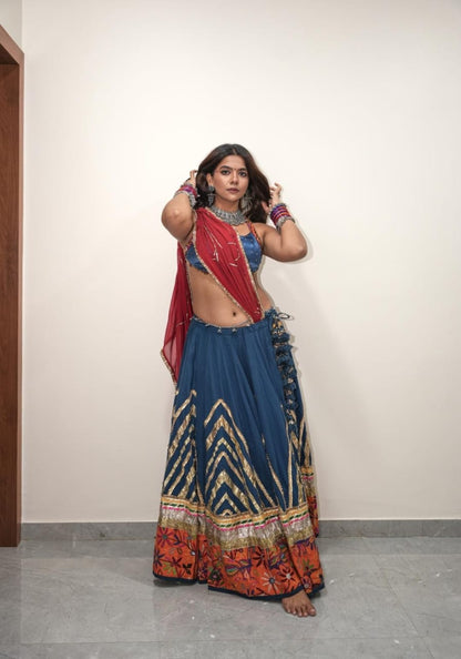 Teal Patch Cotton Lehenga Set