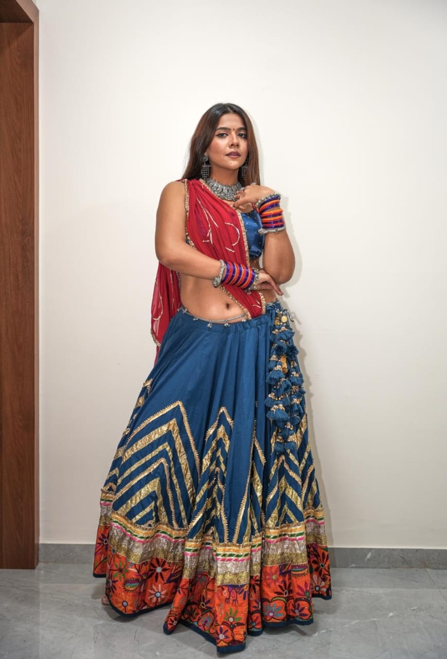 Teal Patch Cotton Lehenga Set