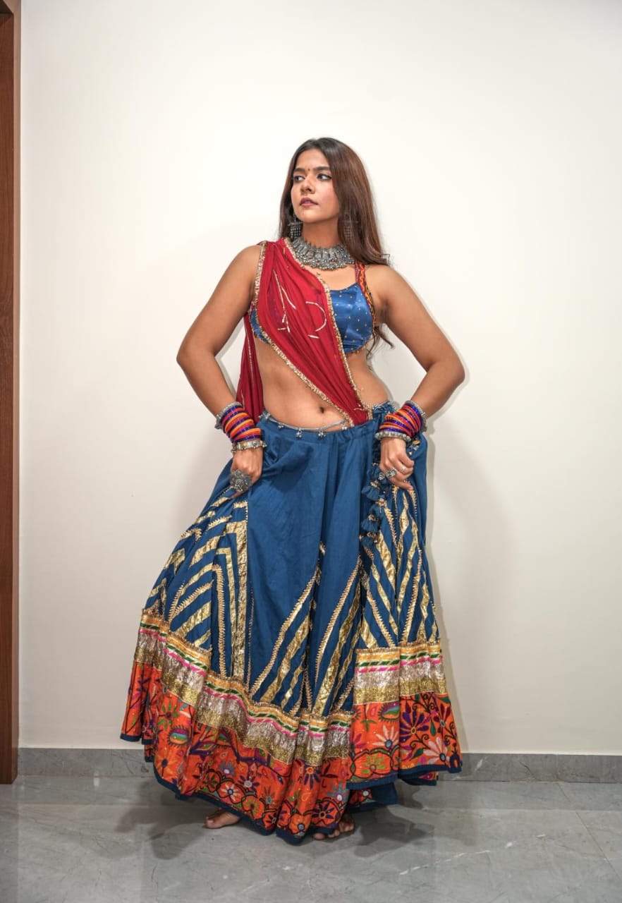 Teal Patch Cotton Lehenga Set