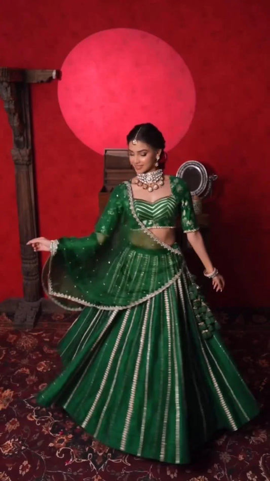Flowy green lehenga set with embroidered organza dupatta and paired with banarasi blouse