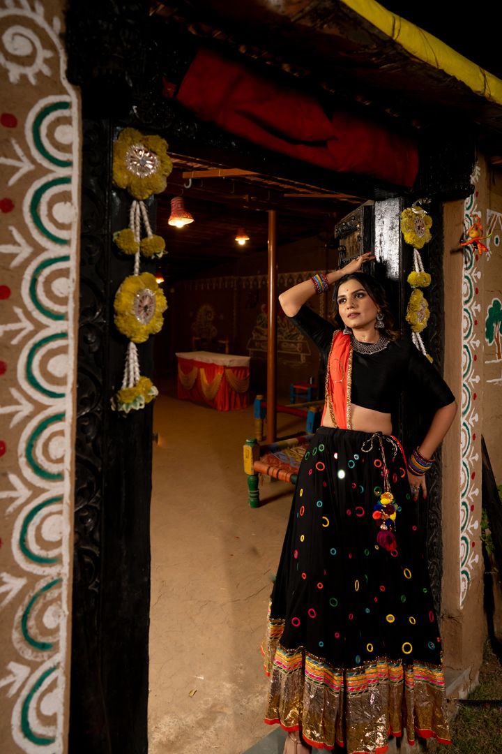 Black Multimirror Lehenga Set - Anjanase