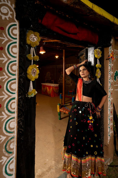Black Multimirror Lehenga Set - Anjanase