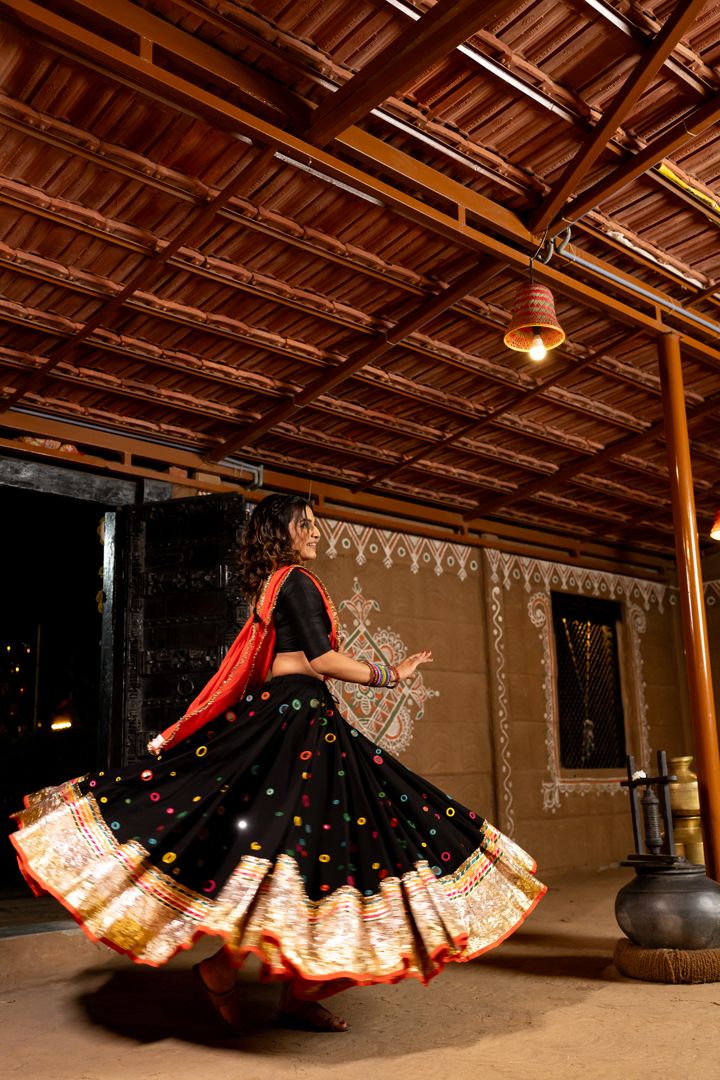 Black Multimirror Lehenga Set - Anjanase