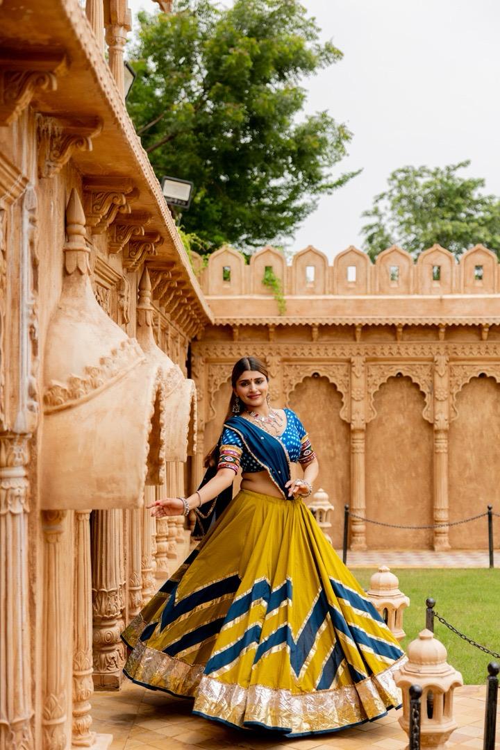 Mustard and Teal ZigZag Lehenga Set - Anjanase
