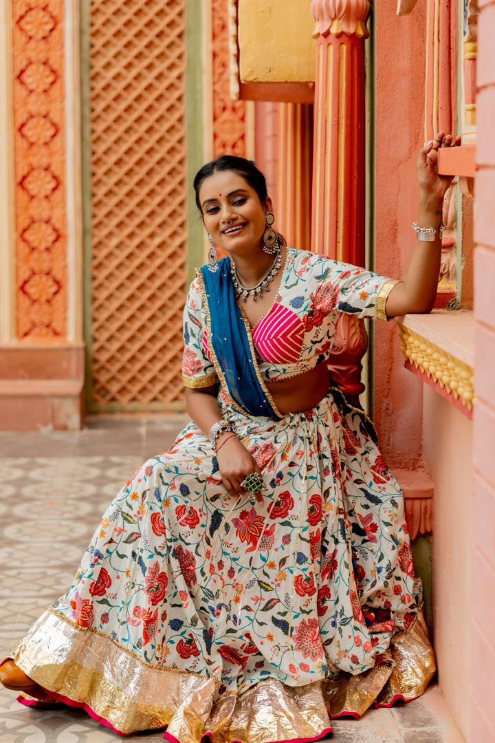 Floral White Cotton Lehenga Set - Anjanase