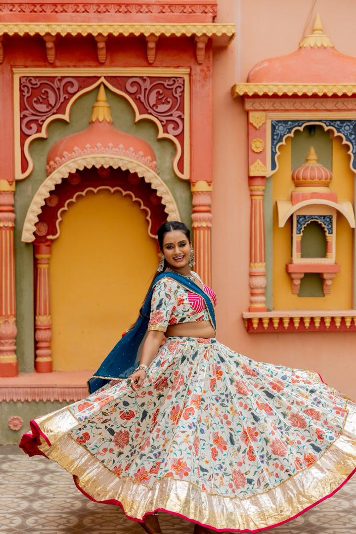 Floral White Cotton Lehenga Set - Anjanase
