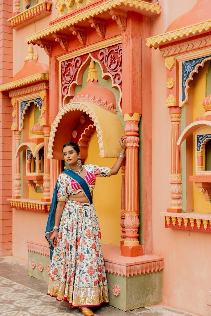 Floral White Cotton Lehenga Set - Anjanase