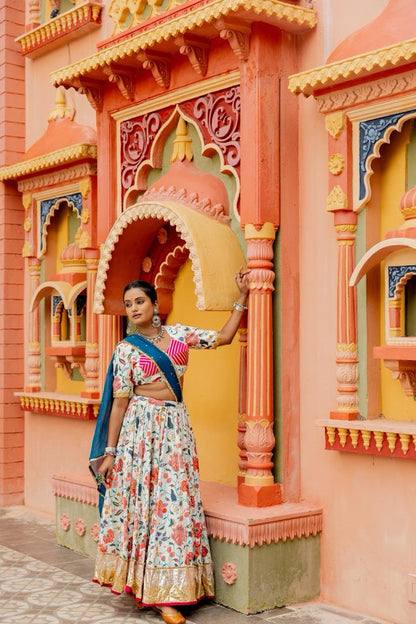 Floral White Cotton Lehenga Set - Anjanase