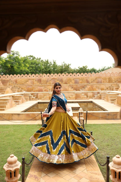 Mustard and Teal ZigZag Lehenga Set - Anjanase