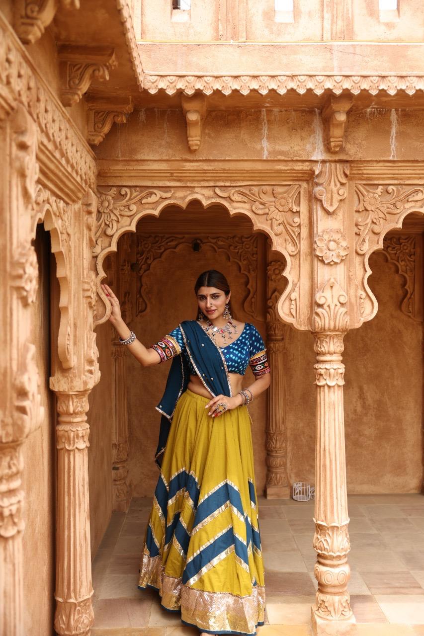 Mustard and Teal ZigZag Lehenga Set - Anjanase