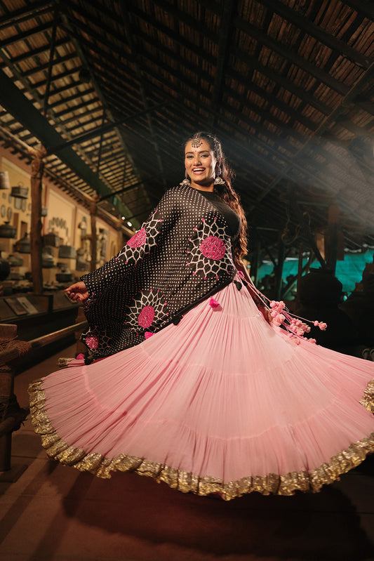 Black and Pink Surajmukhi Dupatta. - Anjanase